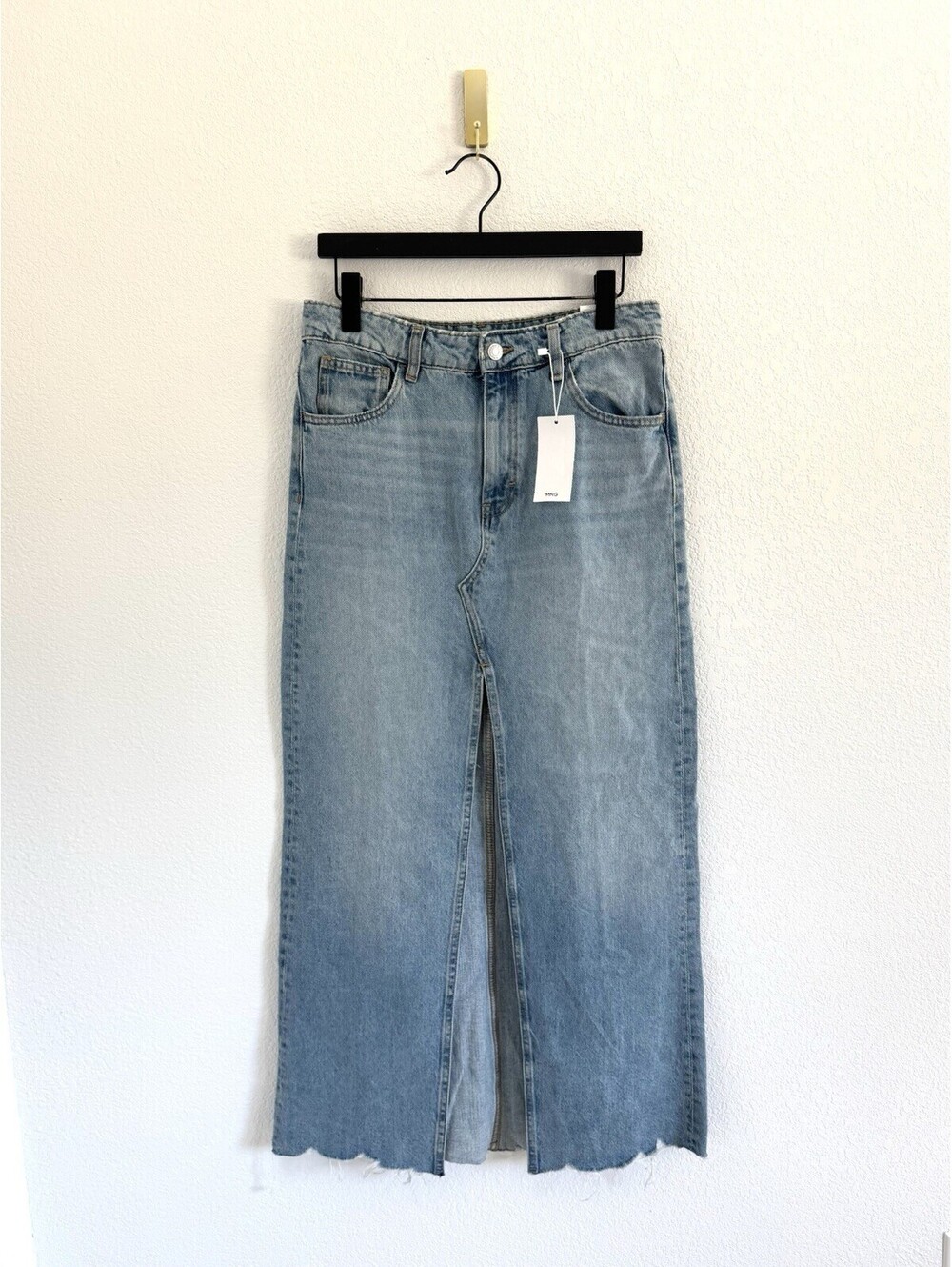 NWT Mango MNG Women’s Size Small Mid Rise Slit Denim Distressed Long Skirt